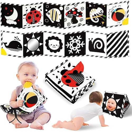 Newborn Toys, High Contrast Baby Books with Teether, Black and White Baby Toys, Montessori Toys 0-6-12 Months Brain Development, Sensory Learning Activities Gift, Tummy Time Toys