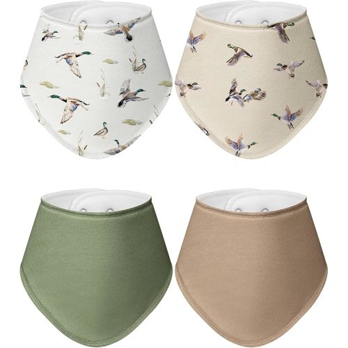 Boao 4 Pcs Baby Bandana Bib Cute Baby Nursery Decor Cotton Newborn Infant Feeding Drool Bib for Drooling and Teething Girl Boy(Mallard Duck,Green and Brown)