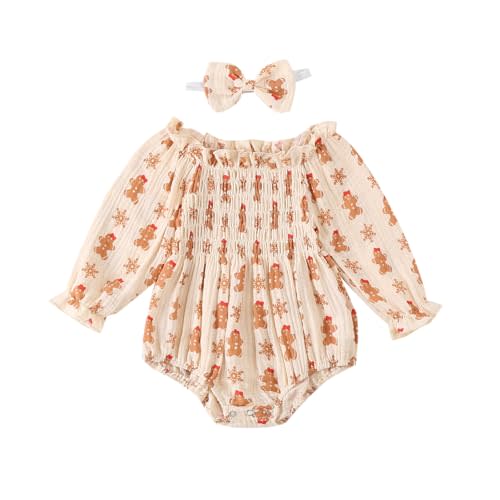 Baby Girl Christmas Outfit Gingerbread Man Smocked Bubble Romper Cotton Linen Bodysuit Headband Infant Fall Clothes