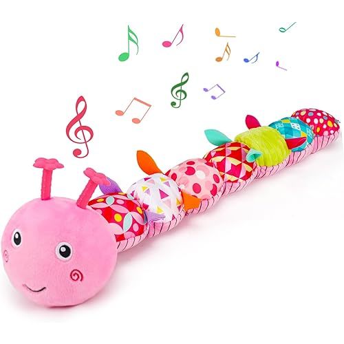 Baby Tummy Time Toy 0-6 Month Musical Stuffed Animal Plush Caterpillar Toy for Infant 6-12 Month Teething Sensory Toy with Crinkle Rattle for Babies 0-3-6 Month Newborn Toy for Boy Girl Birthday Gift