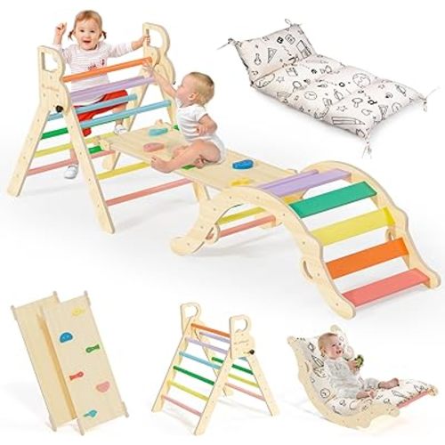 BlueWood Pikler Triangle Set with Cushion, 8-in-1 Climbing Toys for Toddlers, Montessori Philosophy Play Jungle Gym with Arch, Ramp, Ladder(Sunshine Rainbow)