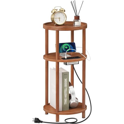 HOOBRO Small Round Side Table with Charging Station, 3-Tier Round Bamboo End Table, Compact Sofa Bedside Table for Small Space, Easy Assembly, for Living Room, Bedroom, Apartment, Walnut WL152UBZ01