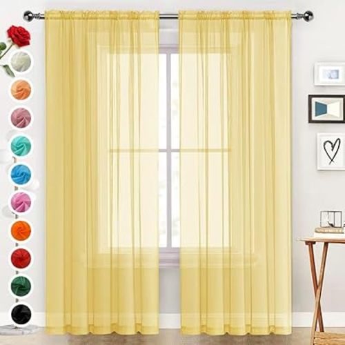 SpaceDresser Sheer Voile Window Treatment Rod Pocket Curtain Panels for Kitchen Bedroom Living Room Drapes Sunlight Filtering Privacy Semi Home Decor Assorted Colors Sizes (Yellow, 52 W x 84 L)