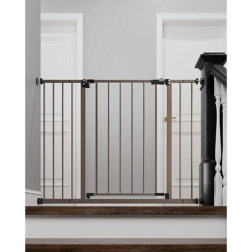 InnoTruth Baby Gate for Stairs 28.9-42.1" Wide, 30" Tall Easy Step Walk Through Expandable Dual Lock Dog Gates for The House, Metal Pressure Mounted Easy Install Pet Gate for Dogs, Brown