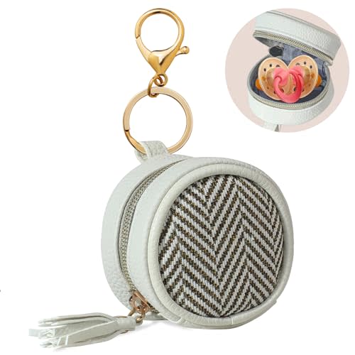 Smlpuame Pacifier Holder Case with Clip,PU Leather Pacifier Charm pod with Clasp for Diaper Bag or Purse,Pacifier Pouch Hold 2 Pacifiers,Nipple Shield Case,Outdoor Travel Accessories(White)
