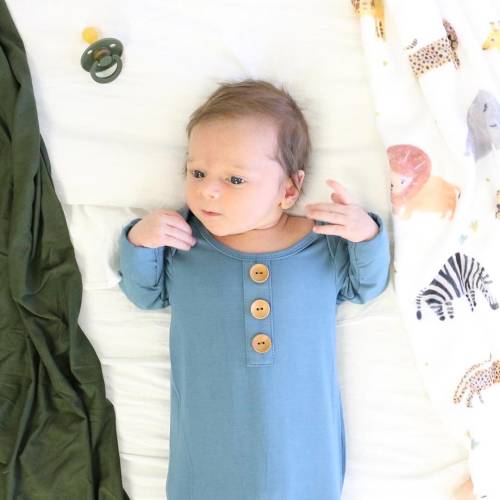 Solid Dusty Blue Bamboo Baby Knot Gown & Hat