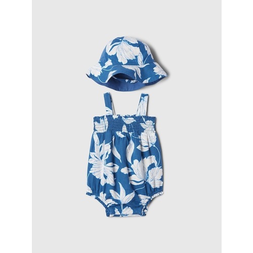 Baby Linen-Blend Bubble Shorty Set in blue white floral, size: 3-6 M