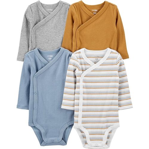 Simple Joys by Carter's Unisex Babies' Textured Bodysuits, Pack of 4 - Newborn - Blue/Gold/Grey Heather/White Stripe