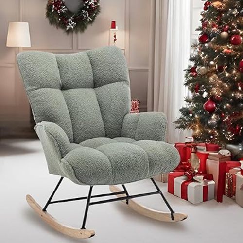 Rocking Chair Nursery Teddy, Upholstered Baby Fluffy Glider Rocker for Adults Small Spaces Indoor, Comfy Sherpa Compact Nursing Chairs for Living Room, Bedroom, Classroom, Green
