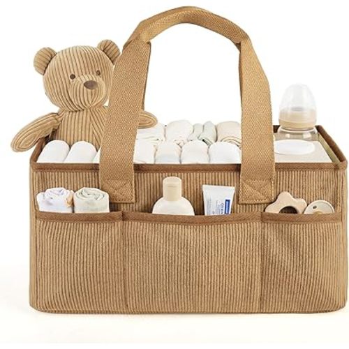 Baby Diaper Caddy Organizer with Portable Changing Mat-Portable Baby Organizers and Storage, Gift for Baby Shower, Corduroy Baby Essentials Organizer with Removable Dividers (Brown)