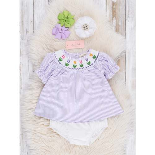 Purple Striped Tulip Smocked Top Bloomers Outfit