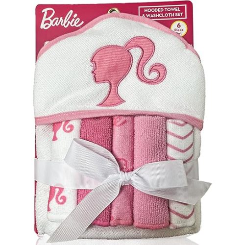 Barbie Towel Set | Barbie Baby Bath and Beach Towels | Barbie Hoodie Towel Cover Up and 5 Wash Cloths | Baby Newborn Essentials | Newborn Girl Gifts | Soft Plush | Pink/White | Officially Licensed