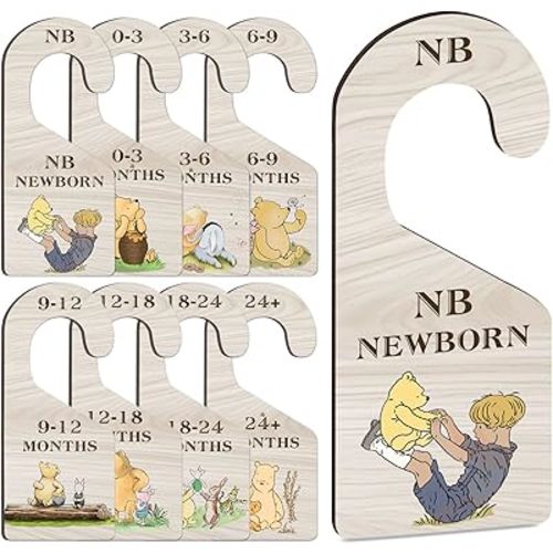 8Pcs Winnie Baby Clothes Dividers for Closet, Baby Clothes Size Hanger Organizer from Newborn to Toddler, Winnie Wooden Baby Clothes Organizer, Double-Sided Baby Closet Dividers