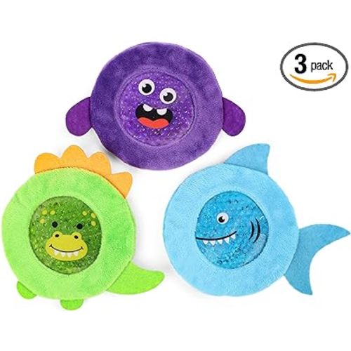 LotFancy Kids Ice Packs for Boo Boos, 3 Pack, Reusable Hot Cold Packs with Cute Plush Sleeves, Small Round Gel Beads Pads for Injuries, Headache, Wisdom Teeth, Pain Relief, 4.75” - Purple Meme, Dino, Shark