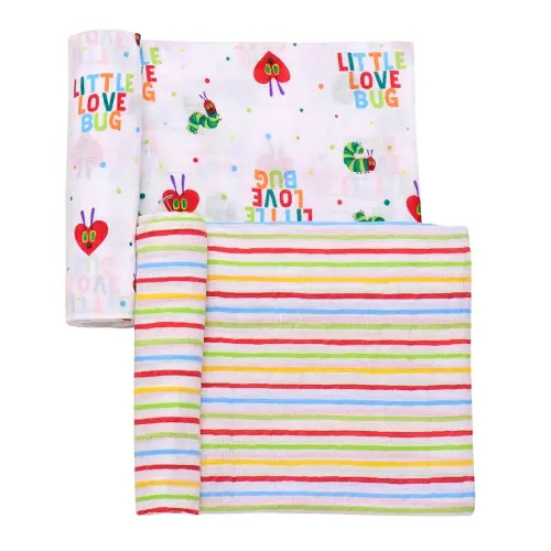 2 Pack Cotton Muslin Swaddle Blankets for Baby, 40" x 36", Lightweight, Breathable (The Very Hungry Caterpillar, Little Love Bug) Multicolored