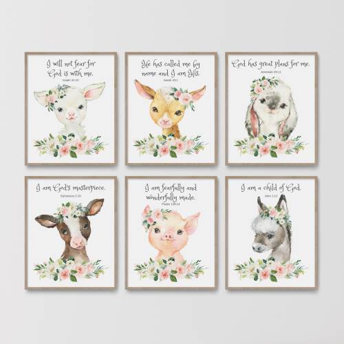 Christian Nursery Decor, Kids Bible Verse Wall Art, Farm Animals, Scripture Print, Baby Girl Nursery, Printable Artwork, Watercolor Painting