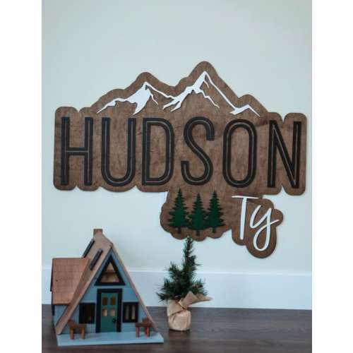 Woodland Theme Custom Name Sign Mountain Sign Round Personalized Gift Nursery Name Sign Wall Decor PNW Wall Sign