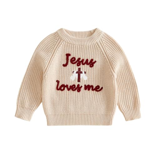 KMBANGI Newborn Toddler Baby Christian Outfit Jesus Loves Me Sweater Cross Long Sleeve Cable Knitted Sweatshirt Baptism 0-4T