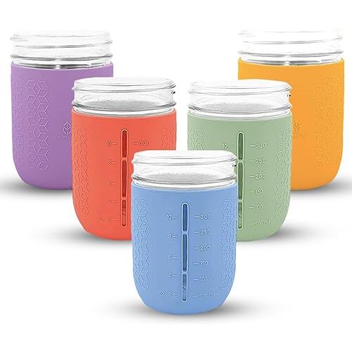 Silicone Mason Jar Sleeves Spring Summer Set | Anti-Slip Protectors for Wide Mouth 16oz Jelly Canning Jars | Cup Holders with Measurement Markings | Dishwasher Safe Jar Jackets - 5 Pack