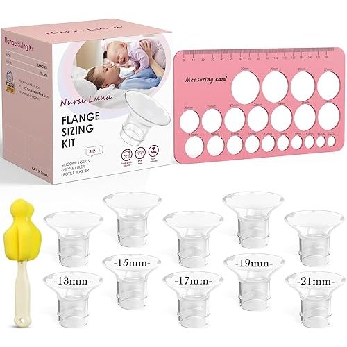 Flange Sizing Kit 3 in 1 Ultimate with 10PCS Flange Inserts 13/15/17/19/21mm, Nipple Ruler, Cleaning Brush, Silicone Flanges Insert Kit for 24mm Most Pumps, Pumping Breastfeeding Essentials
