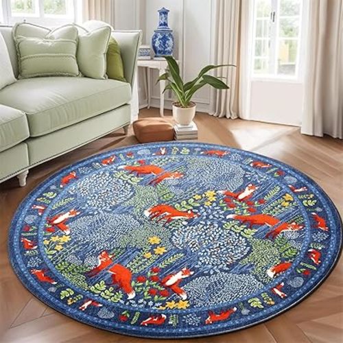 Cute Botanical Forest Living Room Rug Blue Boho Floral 5ft Round Area Rug Washable, Whimsical Woodland Animals Nursery Rug, Vintage Aesthetic Circle Carpet for Dining Room Entryway Bedroom Kitchen