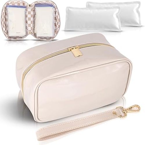 Breast Milk Cooler Travel Bag - Waterproof Breastmilk Storage Bag Cooler w/Ice Pack, Checkerboard Interior, Leather Strap, & More – Versatile Insulated Cooler Bag - Ideal Baby Travel Essentials (Nude)