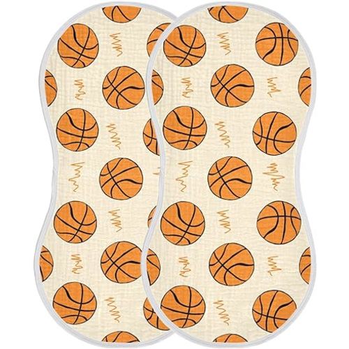 Muslin Burp Cloths for Baby Boys and Girls - 2-Pack Ultra Absorbent Basketball Muslin Washcloths, Newborn Towel, Milk Spit Up Rags, Burp Cloth Bib for Unisex, 22 x 11 Inch