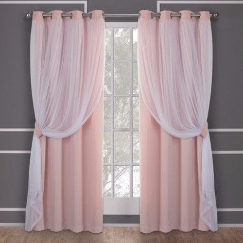 Set of 2 Caterina Layered Solid Blackout with sheer top Curtain Panels Black Pearl - Exclusive Home, Color: Rose, Size: 84"x52"