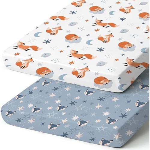 Pack n Play Sheets, BROLEX 2 Pack Mini Crib Sheets,Stretchy Portable Fitted Playard Sheet Set, Convertible Playard Mattress Cover,Ultra Soft Breathable Material,Starry Fox