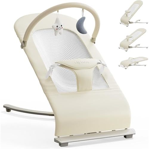 3-in-1 Portable Baby Bouncer & Rocker Chair for Newborn to Toddler - 4 Adjustable Recline Positions, Breathable Cotton Fabric, Natural Vibration, Supports Up to 33 lbs (Oatmeal Khaki)