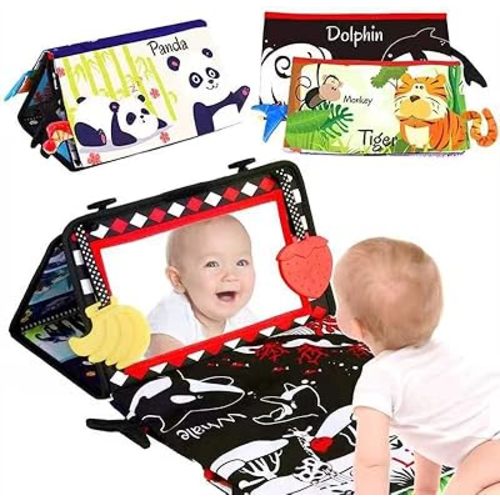 Baby Mirror Tummy Time Toys with Crinkle Cloth Book & Teethers, Black and White Baby Toys 0-6-12 Months, High Contrast Baby Toys for Newborn, Montessori Infant Sensory Toys for Boy Girl Gifts