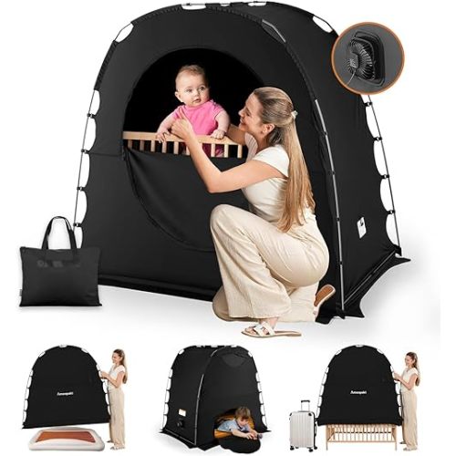 Blackout Tent for Baby, Sleep Pods Pack N Play Blackout Cover, Portable Travel Crib and Sleep Pod for Kids with Monitor Pouch and Fan Pouch, Blocks 95%+ Light, Black