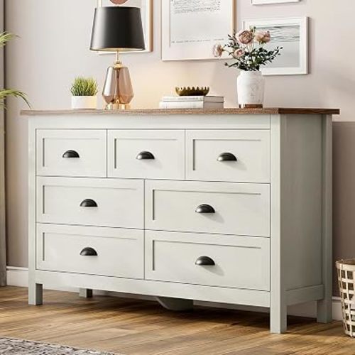 ntique White 7 Drawer Dresser for Bedroom, Farmhouse Wood Chest