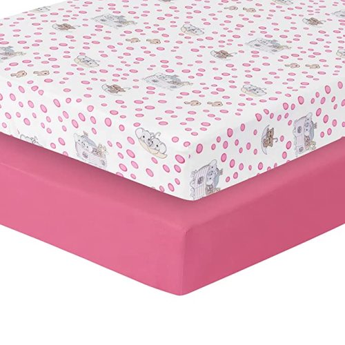 Precious Moments Noah’s Ark Fitted Crib Sheet 2 Pack for Baby Girl by Everyday Kids; 1 Animals on the Ark Printed Crib Sheet and 1 Solid Bright Pink; Adorable Wildlife Elephants, Giraffes, Bears Print