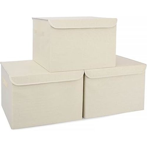 Large 42 Quarts Collapsible Stackable Storage Bins with Lids [3-Pack] Foldable Fabric Linen Storage Boxes, Closet Organizer Baskets with Label for Home (16.7 x 12 x 12, Beige)