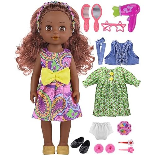 GAGAKU Black Doll for Girls, 14" Black Dolls Set for Toddlers Kids 1 2 3 4 5 6 Years Old, Black Girl Baby Doll with Hair to Comb, Including Doll Dress Clothes Outfits Hair Accessories