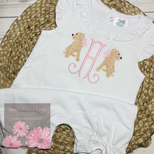 Girl's Embroidered Puppy Romper, Personalized Puppy Romper, Puppy With Bows, Labrador Pup, Angel Sleeve Romper, Saras Daisy Love