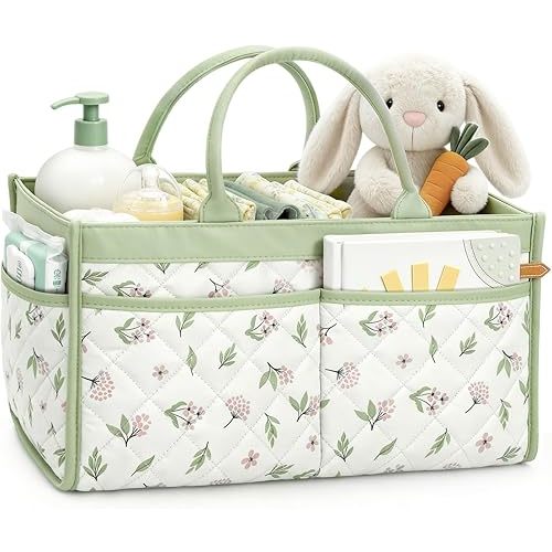 Baby Diaper Caddy Organizer – Stylish Storage Basket for Newborn Essentials, Nursery & Diaper Station, Registry Must-Have, Sage Green Botanical