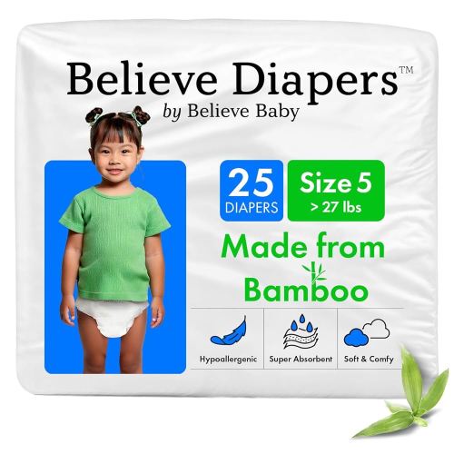 Believe Diapers Size 5 (>27 Lbs) Viscose Bamboo Diapers 25 Count – Natural Baby Diaper, Chemical Free and Fragrance Free Natural Diaper for Sensitive Skin, Super Absorbent with Leak Protection