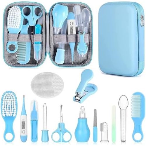 Baby Grooming Kit, Infant Safety Care Set with Hair Brush Comb Nail Clipper Nasal Aspirator,Baby Essentials Kit for Newborn Girls Boys (Blue)
