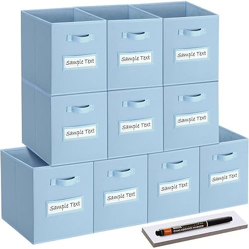 artsdi 13x13x13 storage cube bins (Set of 10) Fabric storage cubes with 10 Labels Window Cards & a Pen, storage cubes 13x13, Collapsible 13 inch cube storage bins, Cubby Organizer Boxes, Pastel Blue