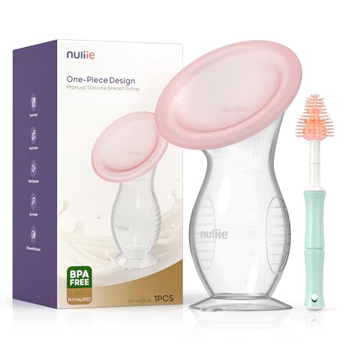 Nuliie Silicone Manual Breast Pump with Leak-Proof Lid & Suction Cup, 4oz/120ml BPA-Free, Wearable Hand Pump Breastmilk, Breast Milk Collectors for Breastfeeding Essentials, Includes Cleaning Brush