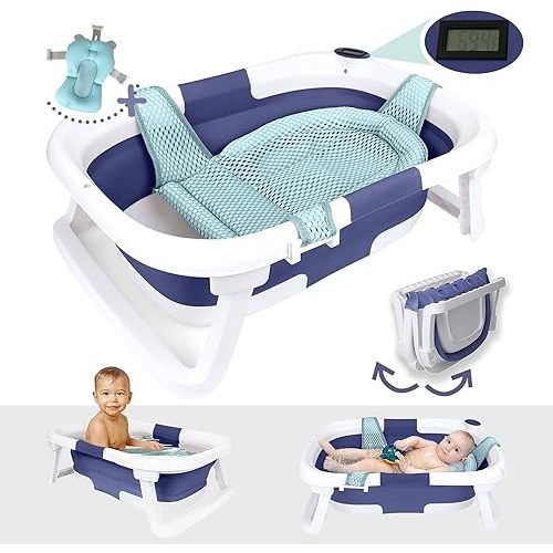 BEBELEH™ Collapsible Baby Bathtub with Thermometer – Bathtub + Baby tub Sling + Newborn Sling – Baby Bathtub Newborn to Toddler 0-24 Months – The Ultimate Baby Bath tub! (with Thermometer,Blue)