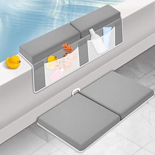 Baby Bath Kneeler & Elbow Pad Rest Set for Parents - Light Gray Soft Knee/Elbow Cushions with Non-Slip Base & Suction Cups, Thick Foam Padding Bath Mat, Newborn Bathing Essentials for Bathtub