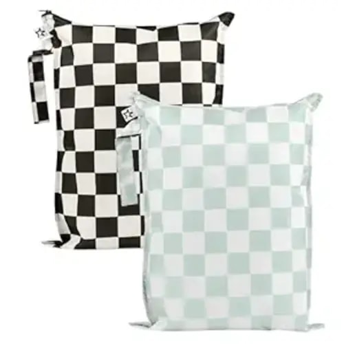 Tiny Twinkle Mess Proof Wet Bags | 2-Pack Reusable Waterproof Wet Bags for Swimsuits | Baby Clothes | Travel & Diaper Bag (Black, Green Checkers)