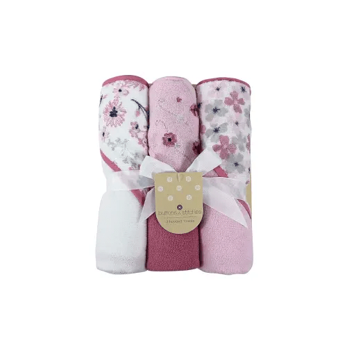 Cudlie Buttons & Stitches Baby Girl 3 Pack Rolled/Carded Hooded Towels in Crisp Blossom Print (GS71728)