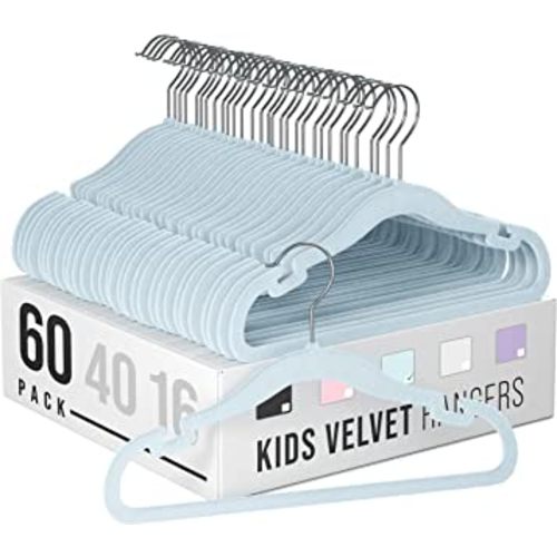 Clothes Baby Hangers for Closets - Unique Notches for Non Slip. Heavy-Duty Velvet Kids & Toddler Hangers for Closet | Ultra Thin Design for Space Saving. Ganchos De Ropa para Bebe (60 Pack Blue)