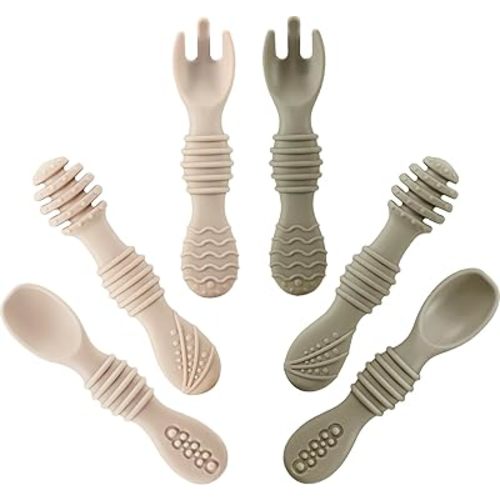 PandaEar Silicone Baby Spoons & Fork Feeding Set (6 Pack) | BPA Free Fist Stage Silicone Self Feeding Utensils for Infant Baby Led Weaning Ages 6 + Months