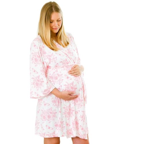RuffleButts Pink Butterfly Garden Toile Women's Maternity Robe - One Size