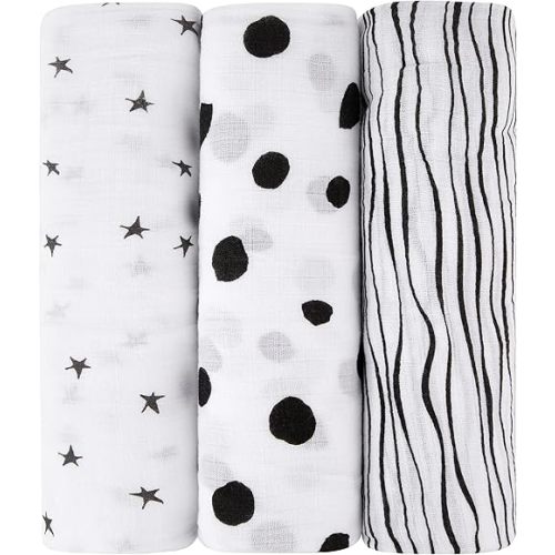 Ely's & Co. Muslin Swaddle Blanket 100% Soft Muslin Cotton 3 Pack 47"x 47" (Black & White)